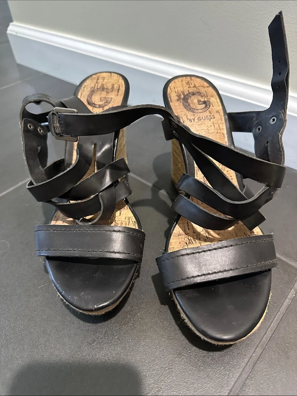 Guess Black Leather Espadrille Wedge Sandals